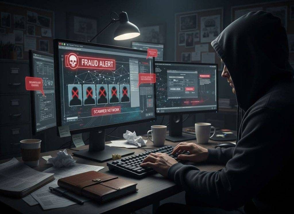 A photo-realistic stock photo from a first-person perspective showing a detective fighting online scammers, with the person's face hidden for anonymity.