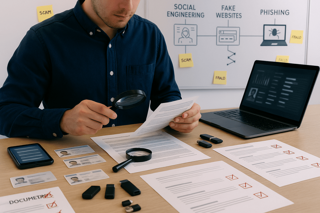 Private investigator reviewing documents and evidence during a fraud investigation, highlighting why professional help matters