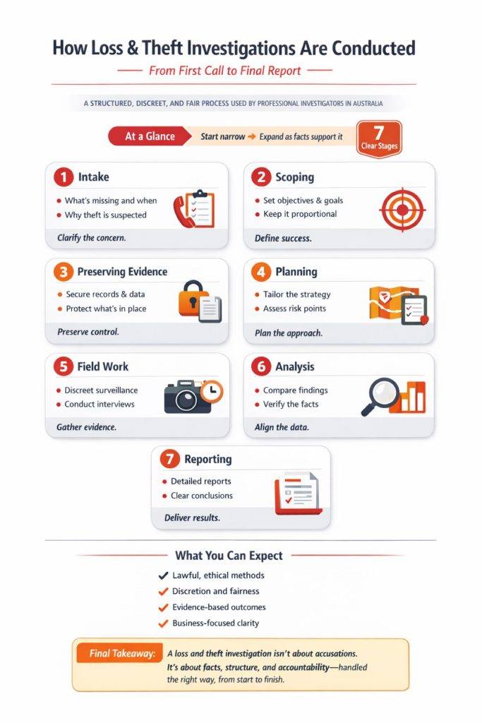 Private Investigators in Australia: Conducting Loss and Theft Investigations. Private investigators in Australia conducting loss and theft investigations to identify misconduct, gather lawful evidence, and protect assets.