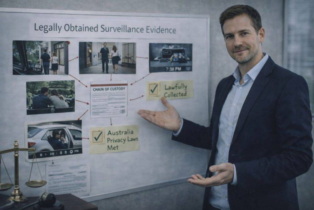 What Makes Surveillance Evidence Legal and Usable in Court. Illustration of surveillance evidence being evaluated in a courtroom setting, highlighting key concepts of authenticity, admissibility, and legal compliance.